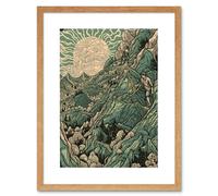 Wall Art Print Climb Every Mountain Hikers at Sunrise Linocut Artwork Framed 9X7 Inch Artery8 Beige W7 inch x H9 inch