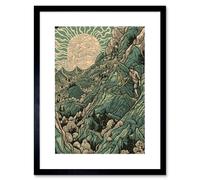 Wall Art Print Climb Every Mountain Hikers at Sunrise Linocut Artwork Framed 9X7 Inch Artery8 Black W7 inch x H9 inch