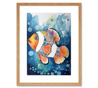 Wall Art Print Clownfish With Multicoloured Spot Pattern Folk Art Watercolour Painting Artwork Framed 9X7 Inch Artery8 Beige W7 inch x H9 inch