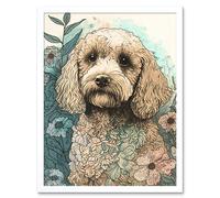 Wall Art Print Cockapoo Dog in Wildflower Field Pastel Watercolour Art Framed Artery8 White W12 inch x H16 inch