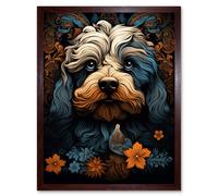 Wall Art Print Cockapoo Dog with Flower Patterns Art Nouveau Artwork Orange Blue Floral Portrait Design Art Framed Artery8 Brown W12 inch x H16 inch
