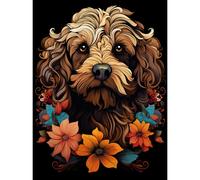 Wall Art Print Cockapoo Dog with Flowers Artwork Orange Brown Blue Floral Art Nouveau Portrait on Black Poster Artery8 Brown W24 inch x H32 inch