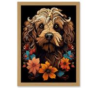 Artery8 Cockapoo Dog with Flowers Artwork Orange Brown Blue Floral Art Nouveau Portrait on Black Artwork Framed Wall Art Print A4