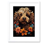 Wall Art Print Cockapoo Dog with Flowers Artwork Orange Brown Blue Floral Art Nouveau Portrait on Black Artwork Framed 9X7 Inch Artery8 White W7 inch x H9 inch