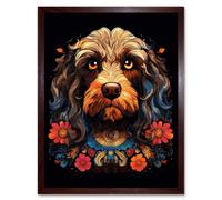 Wall Art Print Cockapoo Dog with Ornate Collar and Flowers Symmetrical Floral Artwork Orange Pink Blue Tribal Design on Black Art Framed Artery8 Brown W12 inch x H16 inch