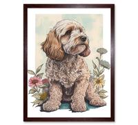 Wall Art Print Cockapoo Dog with Spring Wildflowers Soft Watercolour Art Framed Artery8 Brown W12 inch x H16 inch