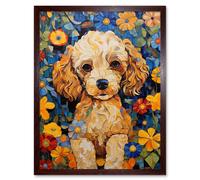 Wall Art Print Cockapoo Puppy Oil Painting Colourful Bright Bold Floral Fun Art Framed Artery8 Brown W12 inch x H16 inch