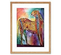Wall Art Print Colourful Cheetah Folk Art Watercolour Painting Artwork Framed 9X7 Inch Artery8 Beige W7 inch x H9 inch