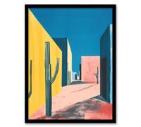 Wall Art Print Colourful Mexican Village Houses and Cacti Art Framed Poster Artery8 Black W12 inch x H16 inch