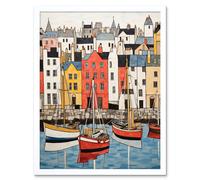 Wall Art Print Colourful Town Harbour Acrylic Painting Red Yellow Blue Fishing Boats Coastal Townscape Art Framed Artery8 White W12 inch x H16 inch