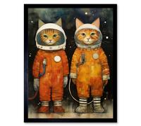 Wall Art Print Cosmic Cats in Outer Space Moon Walk Fun Kids Bedroom Artwork Art Framed Artery8 Black W12 inch x H16 inch