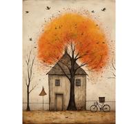 Wall Art Print Country House Autumn Tree Oil Painting Orange Brown Bicycle on Fence Rural Life Poster Artery8 Orange W24 inch x H32 inch
