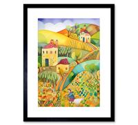 Wall Art Print Countryside Farming Folk Art Watercolour Painting Artwork Framed 9X7 Inch Artery8 Black W7 inch x H9 inch