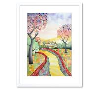 Wall Art Print Countryside Path In Autumn Folk Art Landscape Pastel Watercolour Painting Artwork Framed 9X7 Inch Artery8 White W7 inch x H9 inch