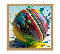 Wall Art Print Cricket Ball Dynamic Paint Splatter Bright Action Painting Square Framed Picture 16X16 Inch Artery8 Light Oak W16 inch x H16 inch