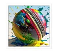 Wall Art Print Cricket Ball Dynamic Paint Splatter Bright Action Painting Square Framed Picture 16X16 Inch Artery8 White W16 inch x H16 inch