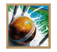 Wall Art Print Cricket Ball Hits Wickets Spin Bowler Dynamic Sports Splatter Painting Square Framed Picture 16X16 Inch Artery8 Light Oak W16 inch x H16 inch