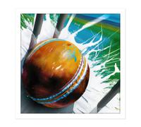 Wall Art Print Cricket Ball Hits Wickets Spin Bowler Dynamic Sports Splatter Painting Square Framed Picture 16X16 Inch Artery8 White W16 inch x H16 inch