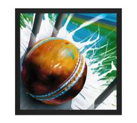 Wall Art Print Cricket Ball Hits Wickets Spin Bowler Dynamic Sports Splatter Painting Square Framed Picture 16X16 Inch Artery8 Black W16 inch x H16 inch