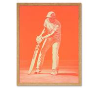 Wall Art Print Cricket Player Flick Shot Sport Artwork Orange Monochrome Athlete Portrait Art Framed Artery8 Light Oak W12 inch x H16 inch