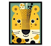 Wall Art Print Cute Baby Cheetah Colourful Graphic Artwork Orange Teal Zoo Animal Geometric Shapes Kids Bedroom Painting Art Framed Artery8 Yellow W12 inch x H16 inch