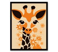 Wall Art Print Cute Baby Giraffe With Flowers Orange Graphic Artwork Zoo Animal Floral Kids Bedroom Painting Art Framed Artery8 Orange A4