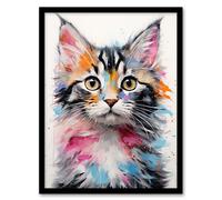 Wall Art Print Cute Kitten Bright Painting Orange Pink Blue Baby Cat Framed Art Artery8 Multi W12 inch x H16 inch