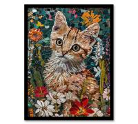 Wall Art Print Cute Kitten in Flower Field Cat Lover Mosaic Art Framed Poster Artery8 Black W12 inch x H16 inch