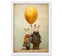 Artery8 Cute Nursery Artwork Rabbits and Balloon Adventure Oil Painting Artwork Framed Wall Art Print A4
