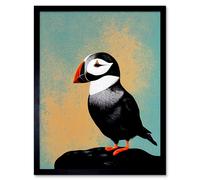 Wall Art Print Cute Puffin Bird on Rock Modern Art Framed Artery8 Black W12 inch x H16 inch