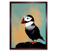 Wall Art Print Cute Puffin Bird on Rock Modern Art Framed Artery8 Brown W12 inch x H16 inch