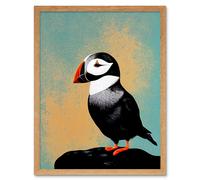 Wall Art Print Cute Puffin Bird on Rock Modern Art Framed Artery8 Light Oak W12 inch x H16 inch