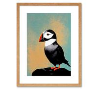 Wall Art Print Cute Puffin Bird on Rock Modern Artwork Framed 9X7 Inch Artery8 Beige W7 inch x H9 inch
