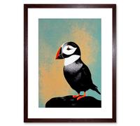 Wall Art Print Cute Puffin Bird on Rock Modern Artwork Framed 9X7 Inch Artery8 Brown W7 inch x H9 inch