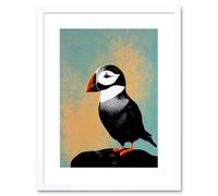Wall Art Print Cute Puffin Bird on Rock Modern Artwork Framed 9X7 Inch Artery8 White W7 inch x H9 inch