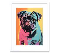 Wall Art Print Cute Pug Dog Colourful Artwork Pink Turquoise Orange and Yellow Vibrant Pet Portrait Artwork Framed 9X7 Inch Artery8 White W7 inch x H9 inch