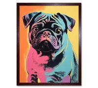 Wall Art Print Cute Pug Dog Colourful Artwork Pink Turquoise Orange and Yellow Vibrant Pet Portrait Art Framed Artery8 Brown W12 inch x H16 inch