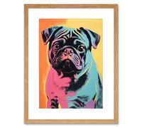 Wall Art Print Cute Pug Dog Colourful Artwork Pink Turquoise Orange and Yellow Vibrant Pet Portrait Artwork Framed 9X7 Inch Artery8 Beige W7 inch x H9 inch