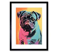 Wall Art Print Cute Pug Dog Colourful Artwork Pink Turquoise Orange and Yellow Vibrant Pet Portrait Artwork Framed 9X7 Inch Artery8 Black W7 inch x H9 inch