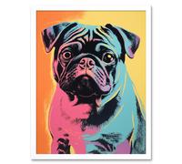 Wall Art Print Cute Pug Dog Colourful Artwork Pink Turquoise Orange and Yellow Vibrant Pet Portrait Art Framed Artery8 White W12 inch x H16 inch