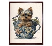 Wall Art Print Cute Teacup Yorkshire Terrier Dog and Flowers in Floral Tea Cup Modern Watercolour Art Framed Artery8 Brown W12 inch x H16 inch