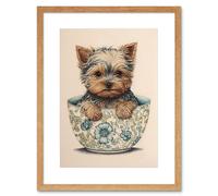 Wall Art Print Cute Teacup Yorkshire Terrier Dog in Floral Pattern Tea Cup Watercolour Artwork Framed 9X7 Inch Artery8 Beige W7 inch x H9 inch