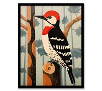 Wall Art Print Cute Woodpecker Bird on Forest Tree Red Blue Brown Retro Mosaic Painting Artwork Framed Artery8 Multi A4