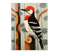 Wall Art Print Cute Woodpecker Bird on Forest Tree Red Blue Brown Retro Mosaic Painting Poster Artery8 Multi W24 inch x H32 inch
