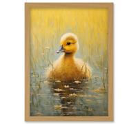 Artery8 Cute Yellow Ducking in Countryside Pond Oil Painting Kids Bedroom Baby Duck Bright Artwork Framed Wall Art Print A4