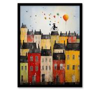 Wall Art Print Cycling The Rooftops Celebration Whimsical Fun Townscape Artwork Painting Art Framed Artery8 Black A4