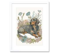 Wall Art Print Dachshund Dog Lying in Flower Field Pastel Watercolour Artwork Framed 9X7 Inch Artery8 White W7 inch x H9 inch