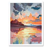 Wall Art Print Dawn Break Atmospheric Clouds Over Mono Lake Modern Watercolour Painting Art Framed Artery8 White W12 inch x H16 inch