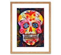 Wall Art Print Day of The Dead Skull Oil Paint Framed Artery8 Beige W7 inch x H9 inch
