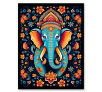 Wall Art Print Decorated Indian Elephant with Flower Pattern Vibrant Blue Orange Hindu Floral Design Artwork Framed Artery8 Multi W12 inch x H16 inch